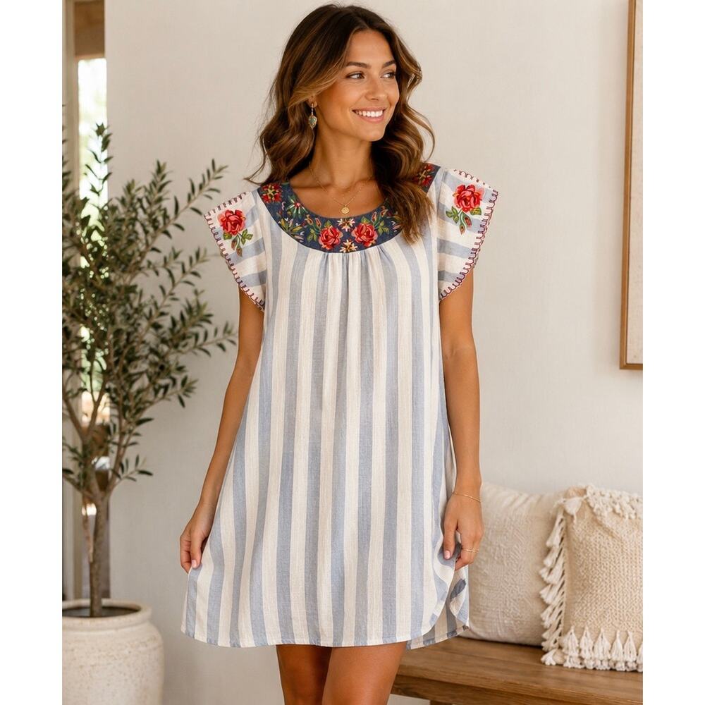 L Love Embroidered Stripe Boho Dress Blue Cream Floral Flutter Sleeve M